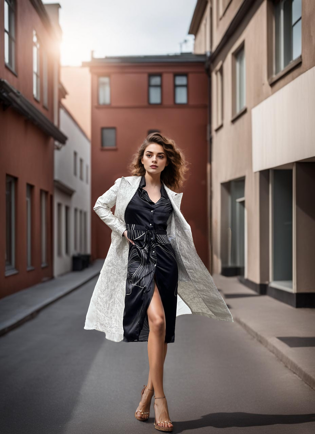 Long Blazer Relaxed Fit with Flounce Back Dove Satin-Faced Crackle Jacquard - STEF MOUCHIE