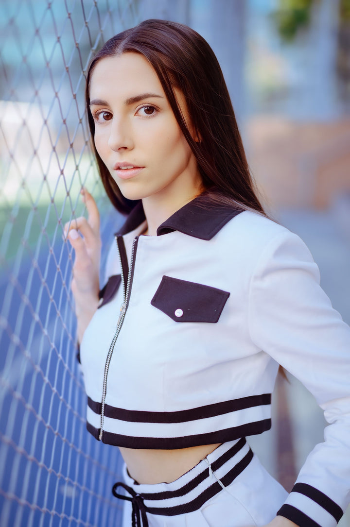 Varsity-Cropped Zip Jacket in White Twill