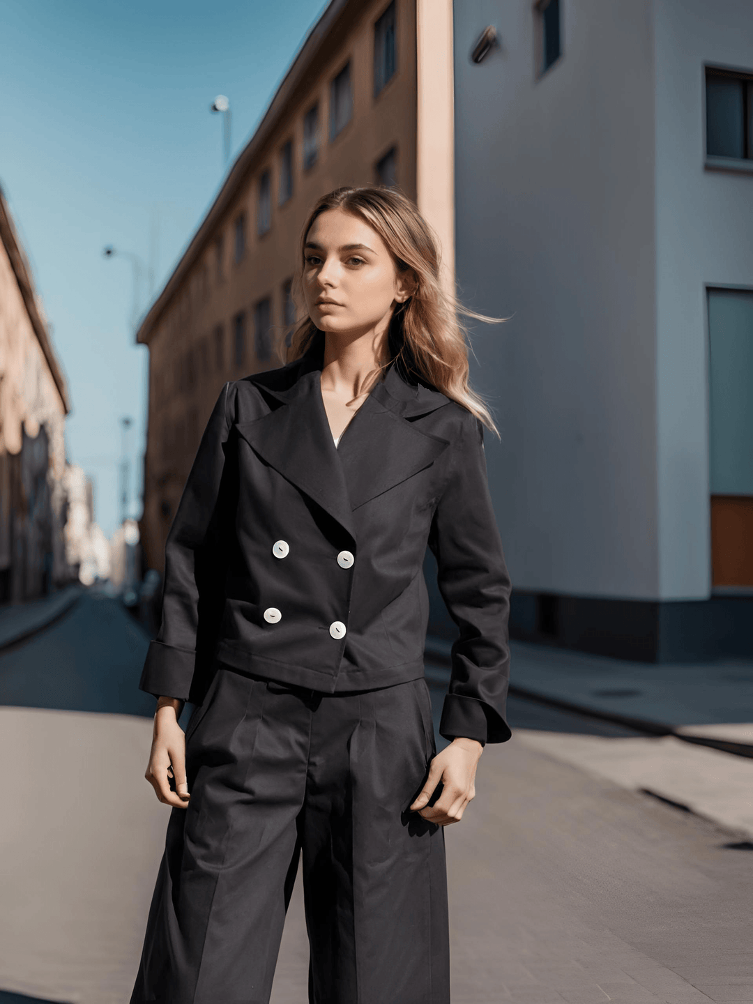 Cropped Blazer in Stratton Black Solid Organic Cotton Twill - STEF MOUCHIE