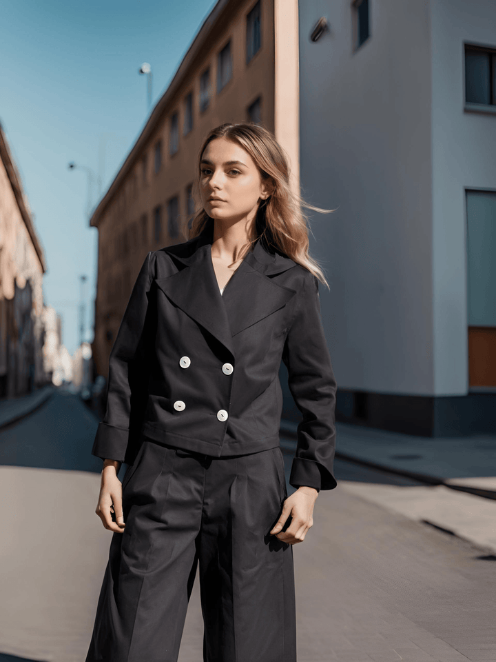 Cropped Blazer in Stratton Black Solid Organic Cotton Twill - STEF MOUCHIE