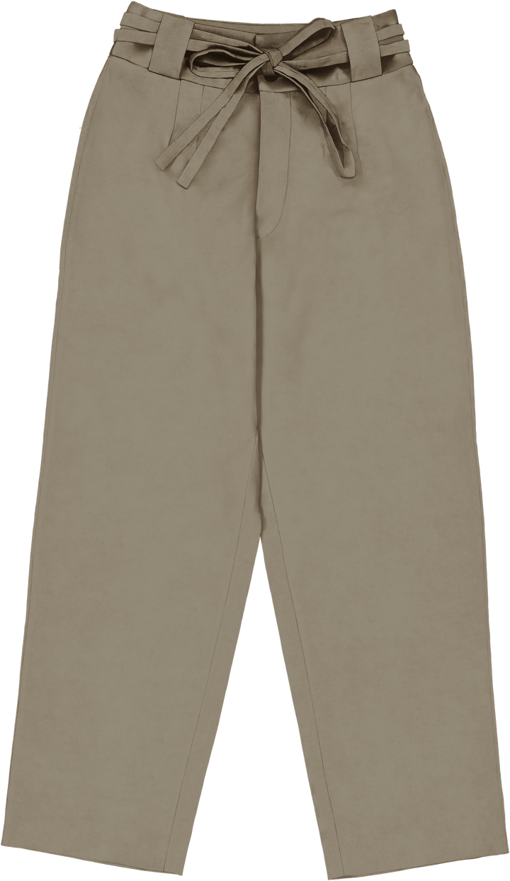 High-Waisted Chino Trousers with Drawstring Waist in Stratton Khaki Solid Organic Cotton Twill - STEF MOUCHIE