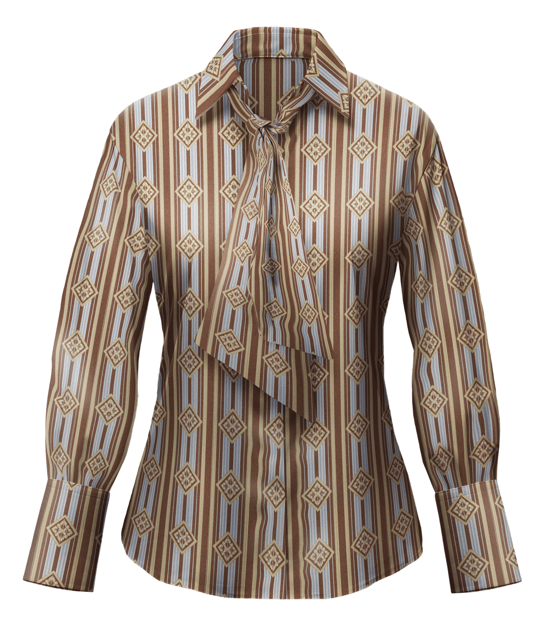 Geometric Ginkgo Elegance: Brown Diamond-Striped Foulard Long Sleeve Shirt - STEF MOUCHIE