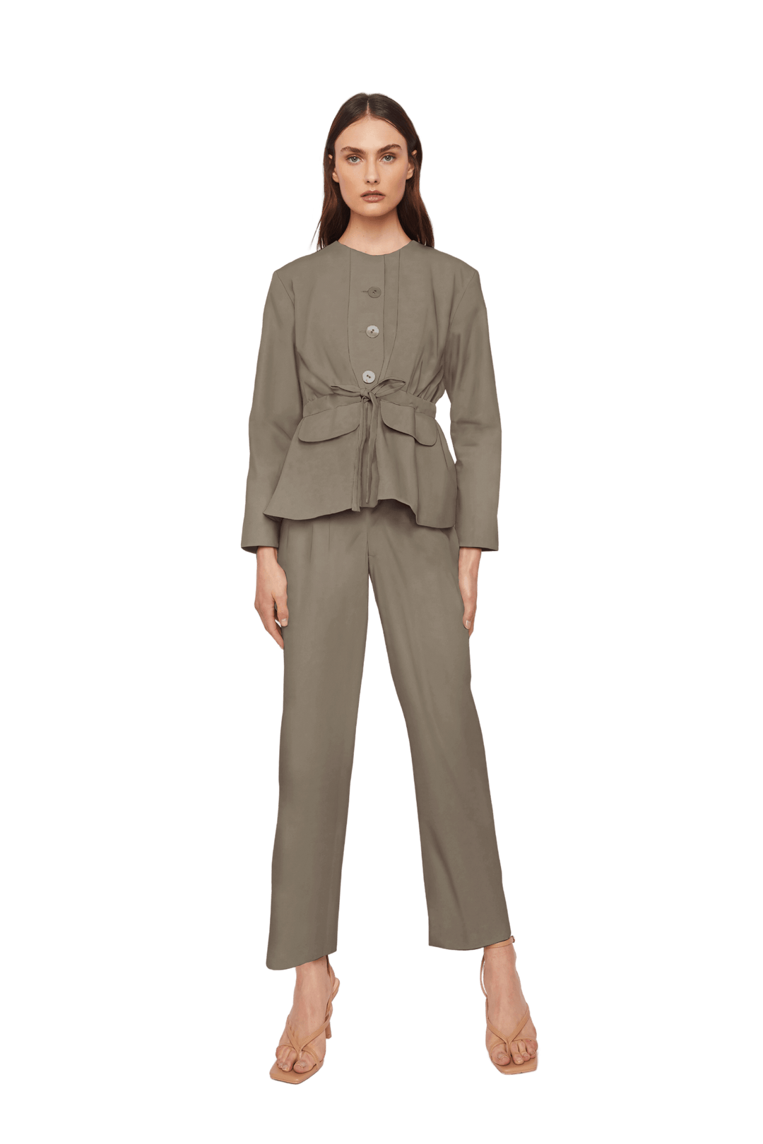 High-Waisted Chino Trousers with Drawstring Waist in Stratton Khaki Solid Organic Cotton Twill - STEF MOUCHIE