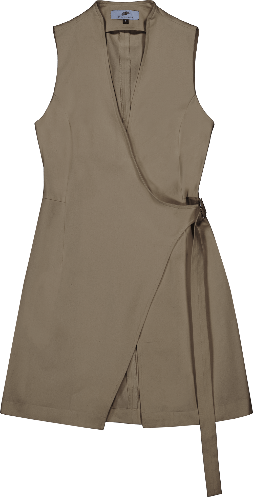 Crossed Front Asymmetric Closure Sheath Dress in Stratton Khaki Solid Organic Cotton Twill - STEF MOUCHIE