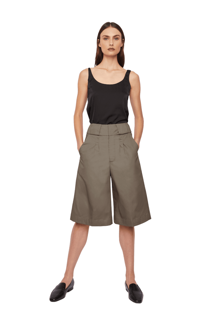 Knee Length Palazzo Trousers in Stratton Khaki Solid Organic Cotton Twill - STEF MOUCHIE