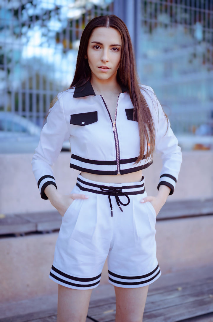 Varsity-Cropped Zip Jacket in White Twill