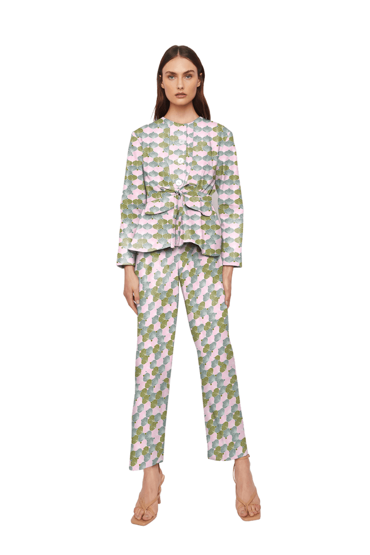 High-Waisted Chino Trousers with Drawstring Waist in Ginkgo Leaf Geometric Print Cotton Twill - STEF MOUCHIE