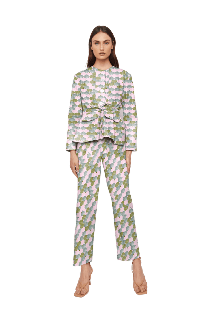 High-Waisted Chino Trousers with Drawstring Waist in Ginkgo Leaf Geometric Print Cotton Twill - STEF MOUCHIE