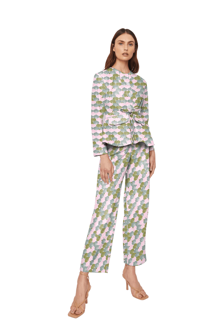 High-Waisted Chino Trousers with Drawstring Waist in Ginkgo Leaf Geometric Print Cotton Twill - STEF MOUCHIE