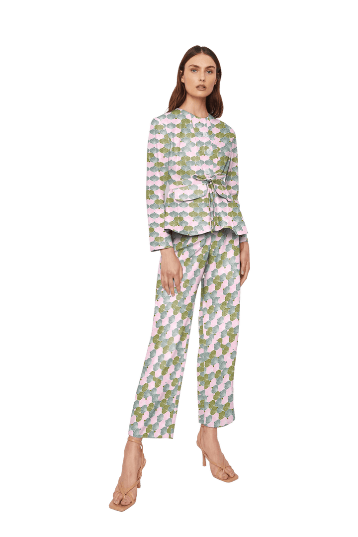 High-Waisted Chino Trousers with Drawstring Waist in Ginkgo Leaf Geometric Print Cotton Twill - STEF MOUCHIE