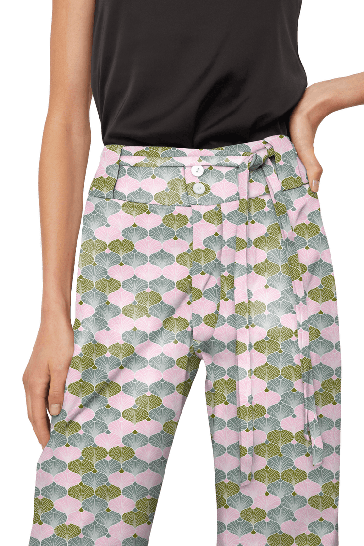 High-Waisted Chino Trousers with Drawstring Waist in Ginkgo Leaf Geometric Print Cotton Twill - STEF MOUCHIE