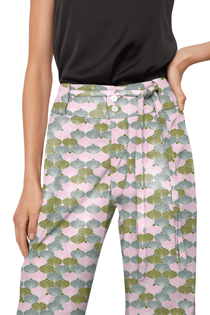 High-Waisted Chino Trousers with Drawstring Waist in Ginkgo Leaf Geometric Print Cotton Twill - STEF MOUCHIE