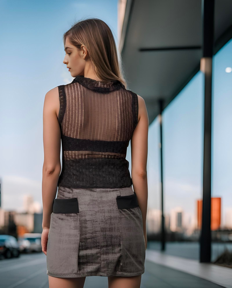 Faux Chainmail High Collar Sleeveless Top Reversible