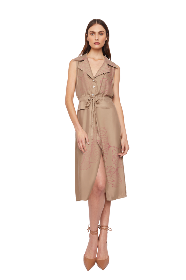 Tight Trench Sleeveless Dress in Amber Signature Ginkgo Print Silk - STEF MOUCHIE
