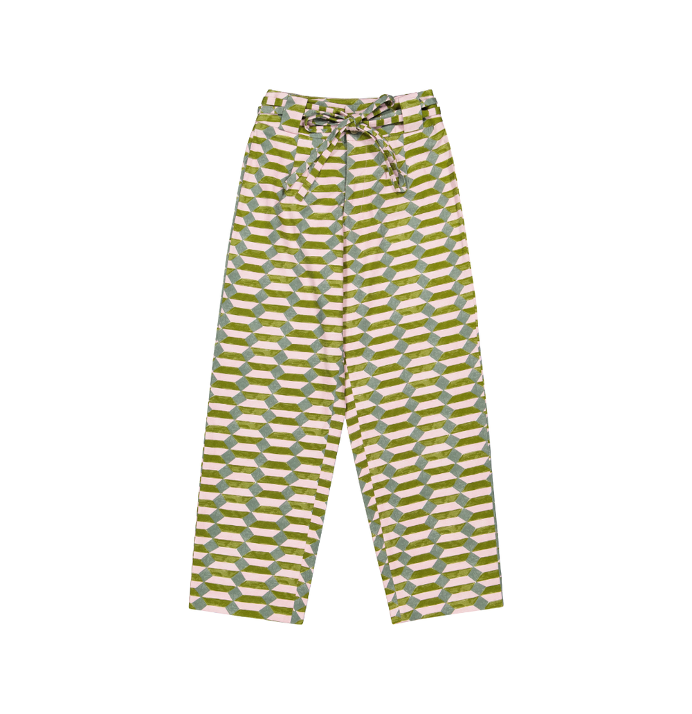 High-Waisted Chino Trousers with Drawstring Waist in Geometric Orchid, Steel Blue, and Olive Green Twill - STEF MOUCHIE