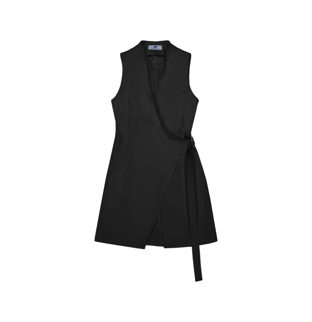 Crossed Front Asymmetric Closure Sheath Dress in Stratton Black Solid Organic Cotton Twill - STEF MOUCHIE