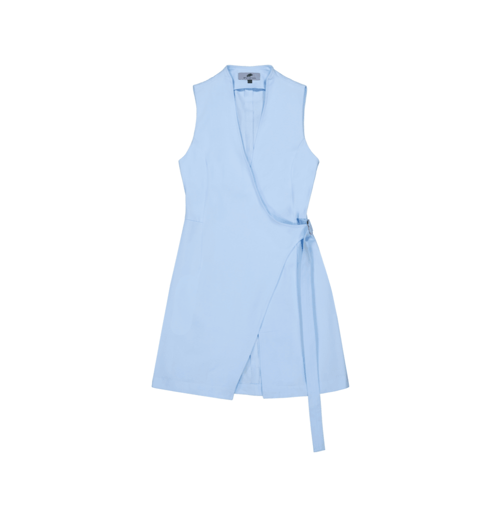 Crossed Front Asymmetric Closure Sheath Dress in Stratton Ice Blue/White Solid Organic Cotton Twill - STEF MOUCHIE