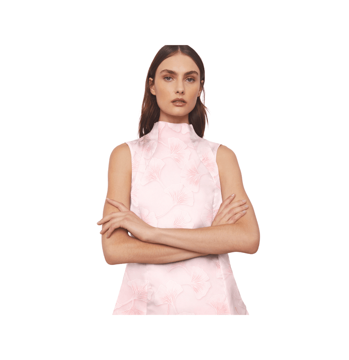 Fit and Flare Sleeveless Dress Low Turtle Neck in Floral Abstract Ginkgo Leaf Print Silk Organza - STEF MOUCHIE