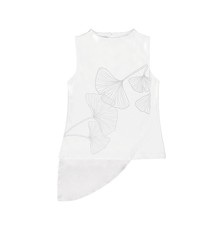 Sleeveless Top High Collar with Front Overlayer in Ginkgo Signature Print Silk - STEF MOUCHIE