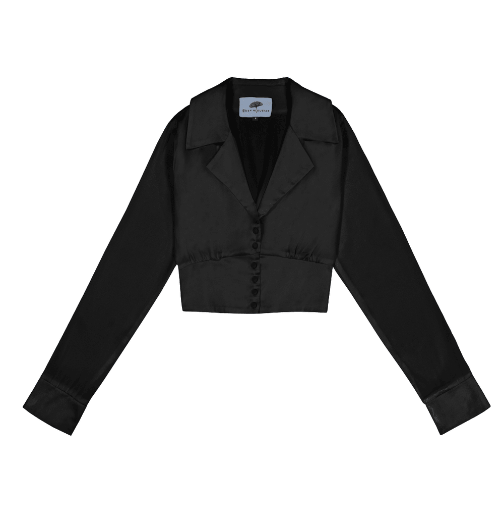 Cropped Blazer Shirt in Matte Black Silk Charmeuse - STEF MOUCHIE