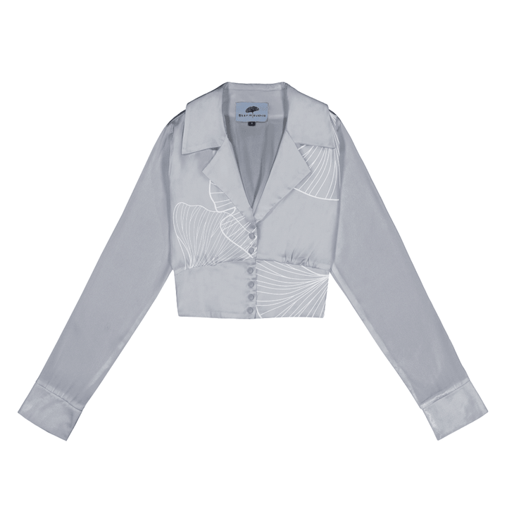 Cropped Blazer Shirt in Light Blue Silk Charmeuse with Ginkgo Leaf Print - STEF MOUCHIE