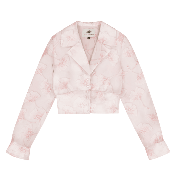 Cropped Blazer Shirt in Silk Organza with Signature Abstract Ginkgo Leaf Floral Print - STEF MOUCHIE