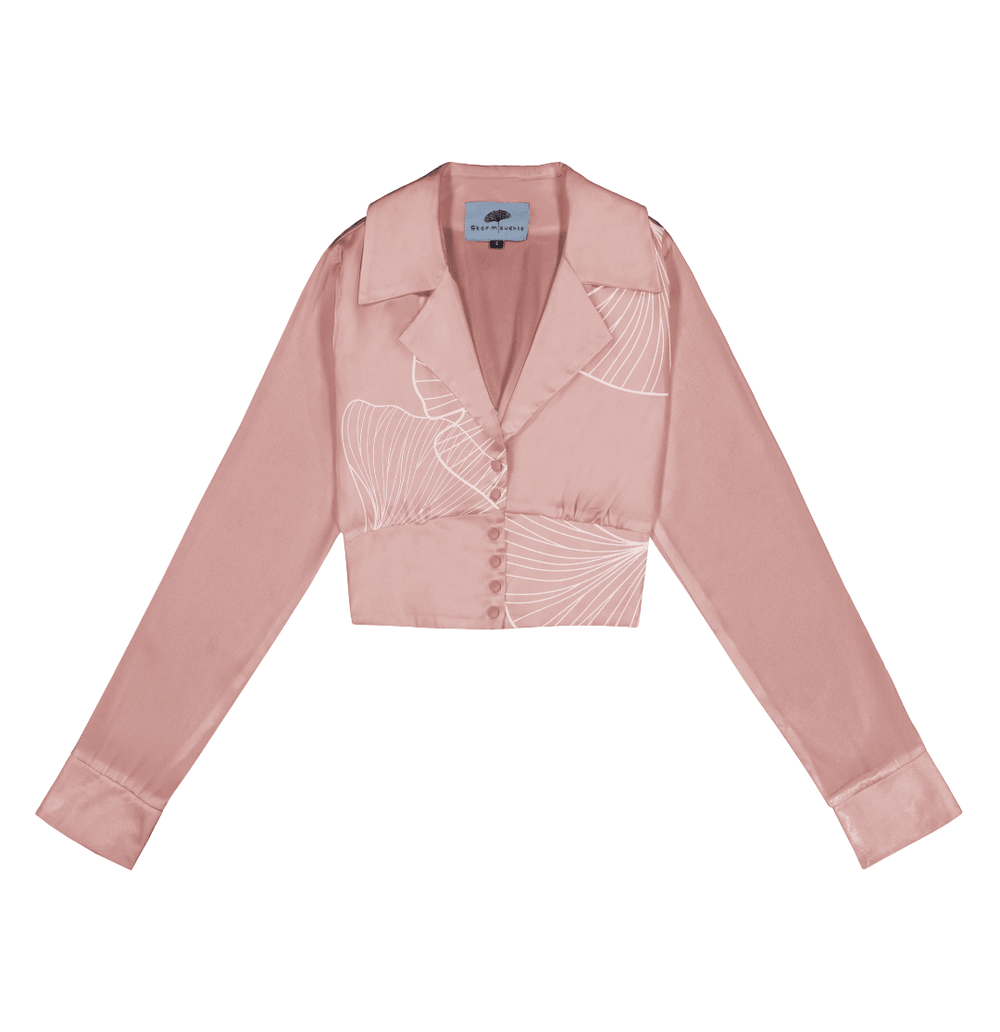 Cropped Blazer Shirt in Pink Silk Charmeuse with Ginkgo Leaf Print - STEF MOUCHIE