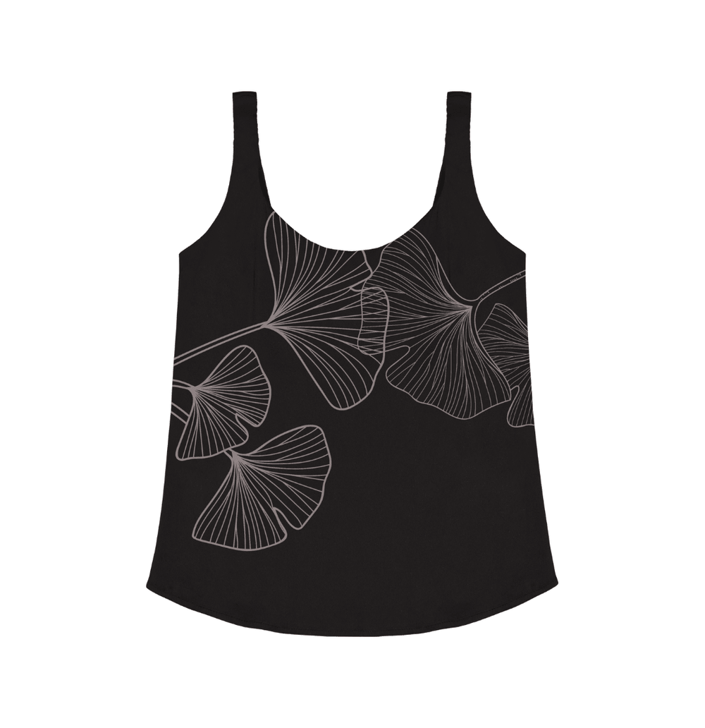 Charmeuse Silk Camisole Tank Top in Black with White Ginkgo Leaf Print - STEF MOUCHIE