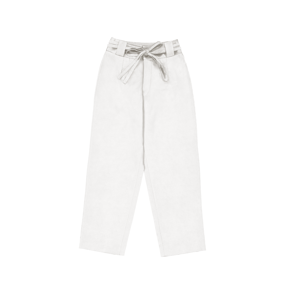 High-Waisted Chino Trousers with Drawstring Waist in Stratton Winter White Solid Organic Cotton Twill - STEF MOUCHIE