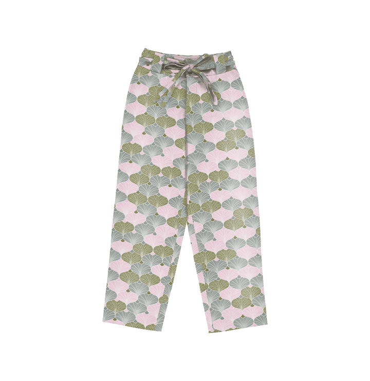 High-Waisted Chino Trousers with Drawstring Waist in Ginkgo Leaf Geometric Print Cotton Twill - STEF MOUCHIE