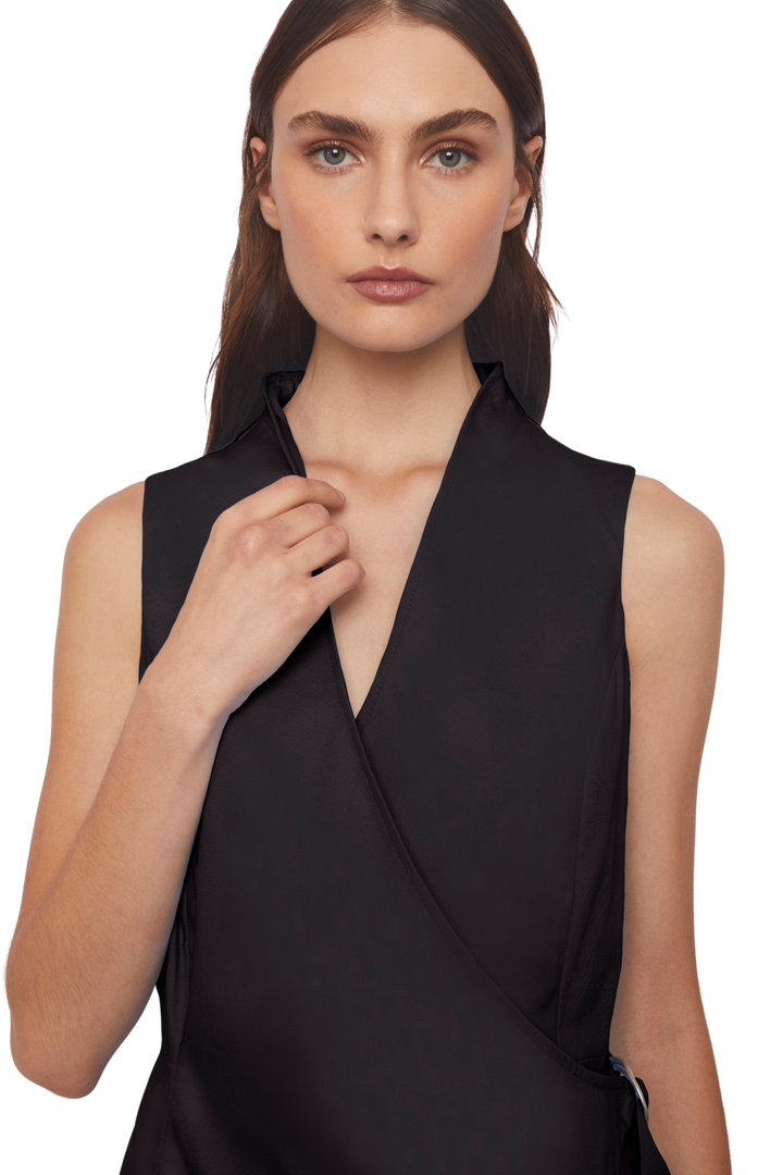 Crossed Front Asymmetric Closure Sheath Dress in Stratton Black Solid Organic Cotton Twill - STEF MOUCHIE