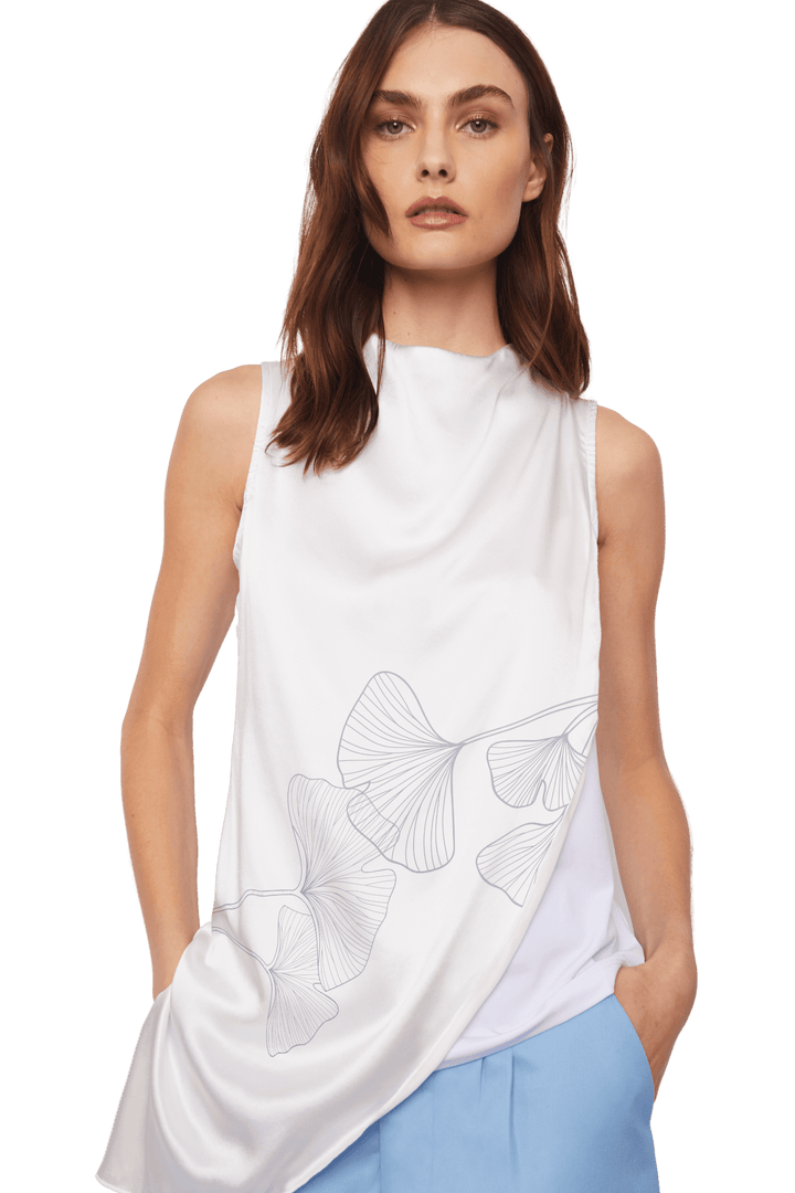 Sleeveless Top High Collar with Front Overlayer in Ginkgo Signature Print Silk - STEF MOUCHIE