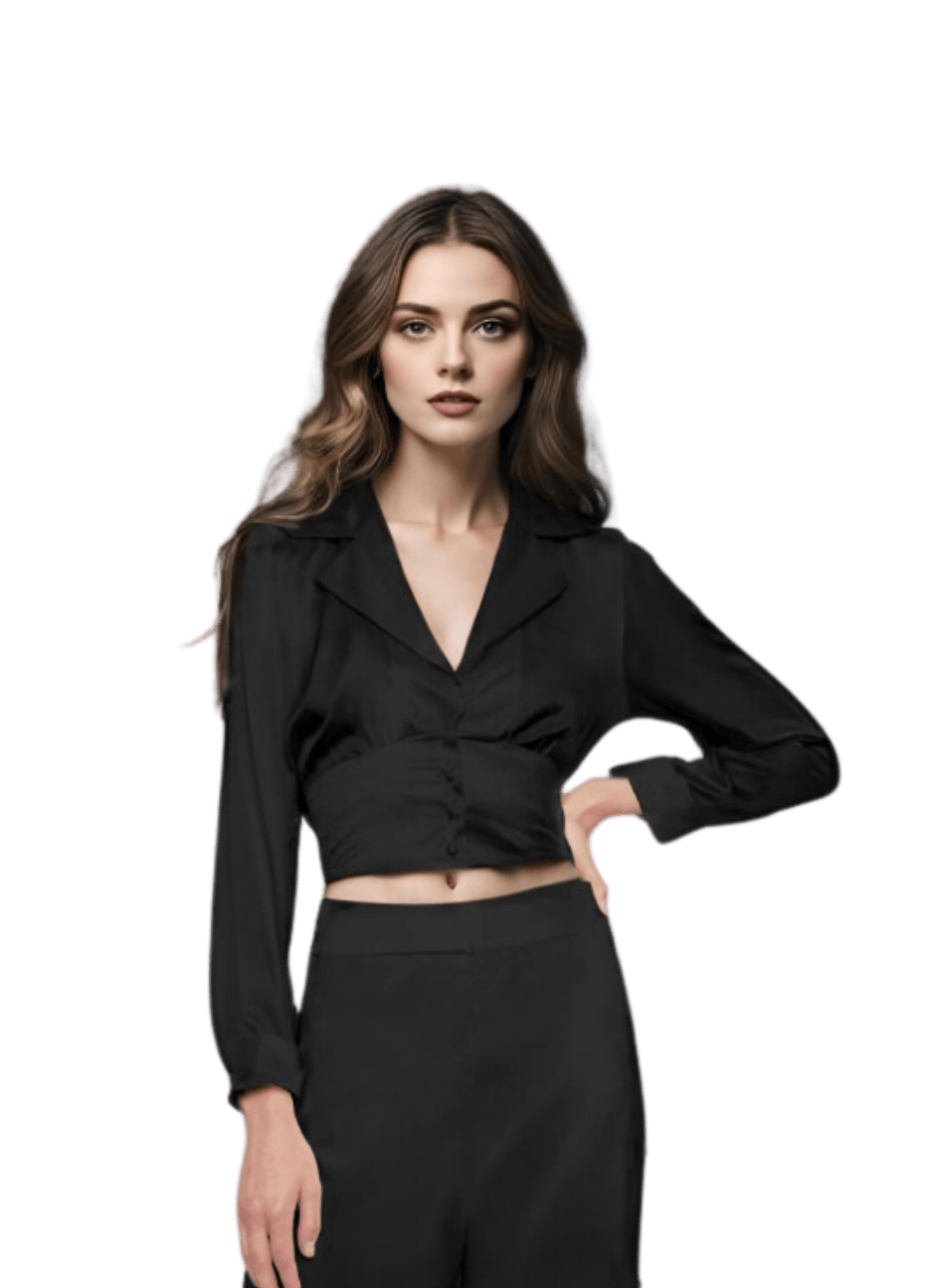 Cropped Blazer Shirt in Matte Black Silk Charmeuse - STEF MOUCHIE