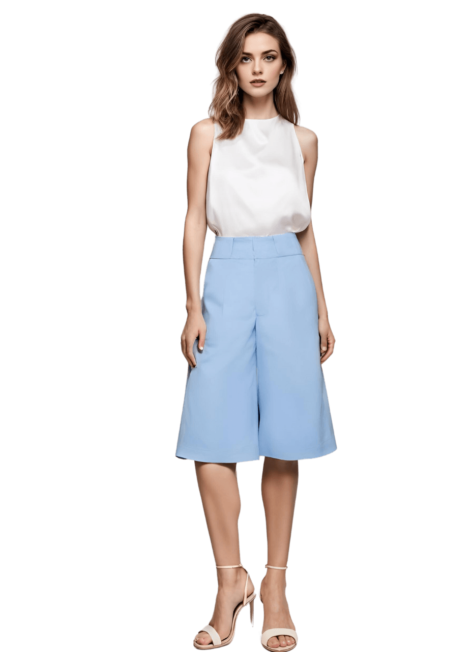 Knee Length Palazzo Trousers in Stratton Ice Blue/White Solid Organic Cotton Twill - STEF MOUCHIE