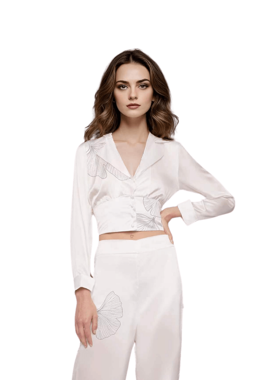 Cropped Blazer Shirt in White Silk Charmeuse with Ginkgo Leaf Printed - STEF MOUCHIE
