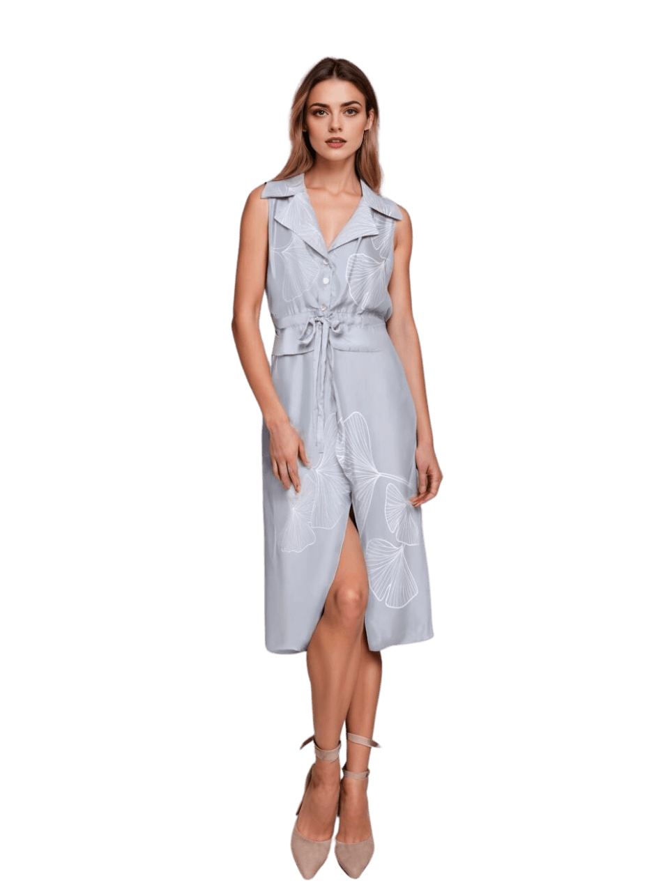 Tight Trench Sleeveless Dress in Light Blue Signature Ginkgo Leaf Print - STEF MOUCHIE