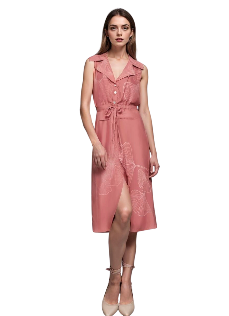 Tight Trench Sleeveless Dress in Pink Signature Ginkgo Leaf Print - STEF MOUCHIE