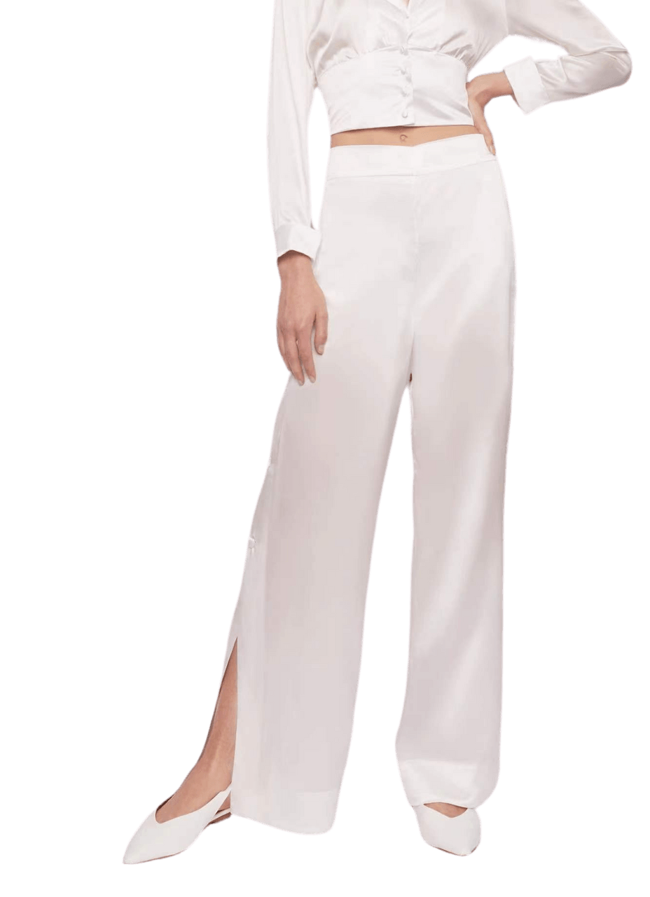 Palazzo Trousers with Side Slits in White Silk Charmeuse - STEF MOUCHIE