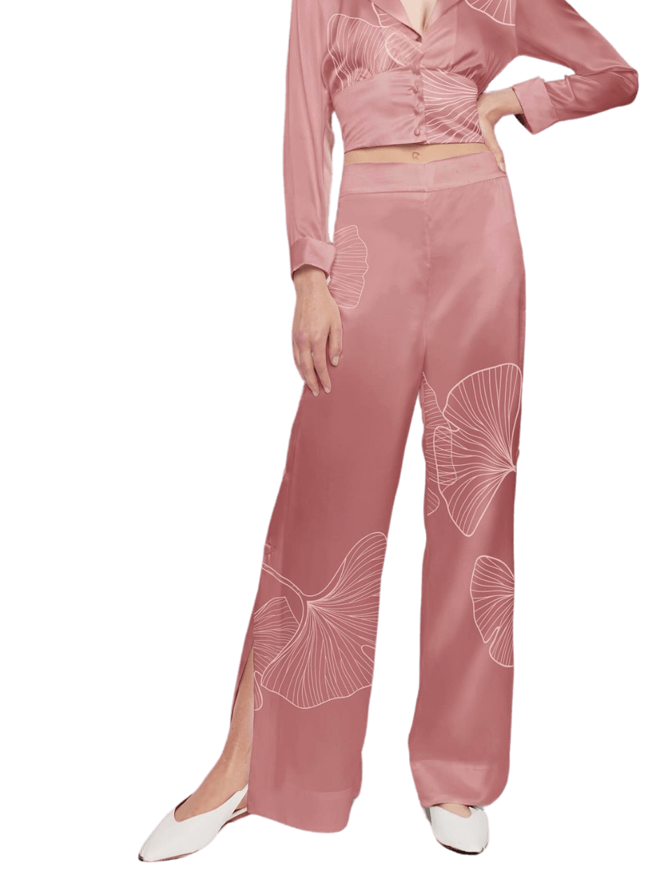 Palazzo Trousers with Side Slits in Pink Silk Charmeuse with Ginkgo Leaf - STEF MOUCHIE