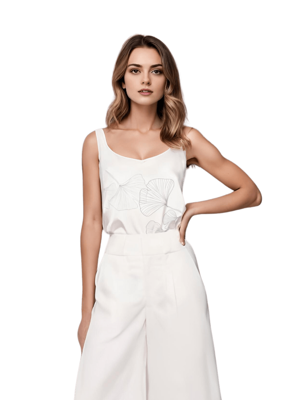 Charmeuse Silk Camisole Tank Top in White with Ginkgo Leaf Print - STEF MOUCHIE