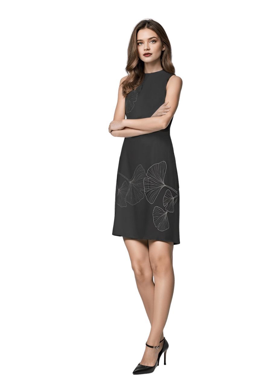 LBD Fit and Flare Sleeveless Dress Low Turtle Neck in Black Charmeuse Silk with Signature Ginkgo Print - STEF MOUCHIE