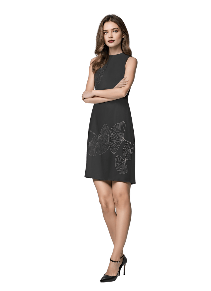 LBD Fit and Flare Sleeveless Dress Low Turtle Neck in Black Charmeuse Silk with Signature Ginkgo Print - STEF MOUCHIE
