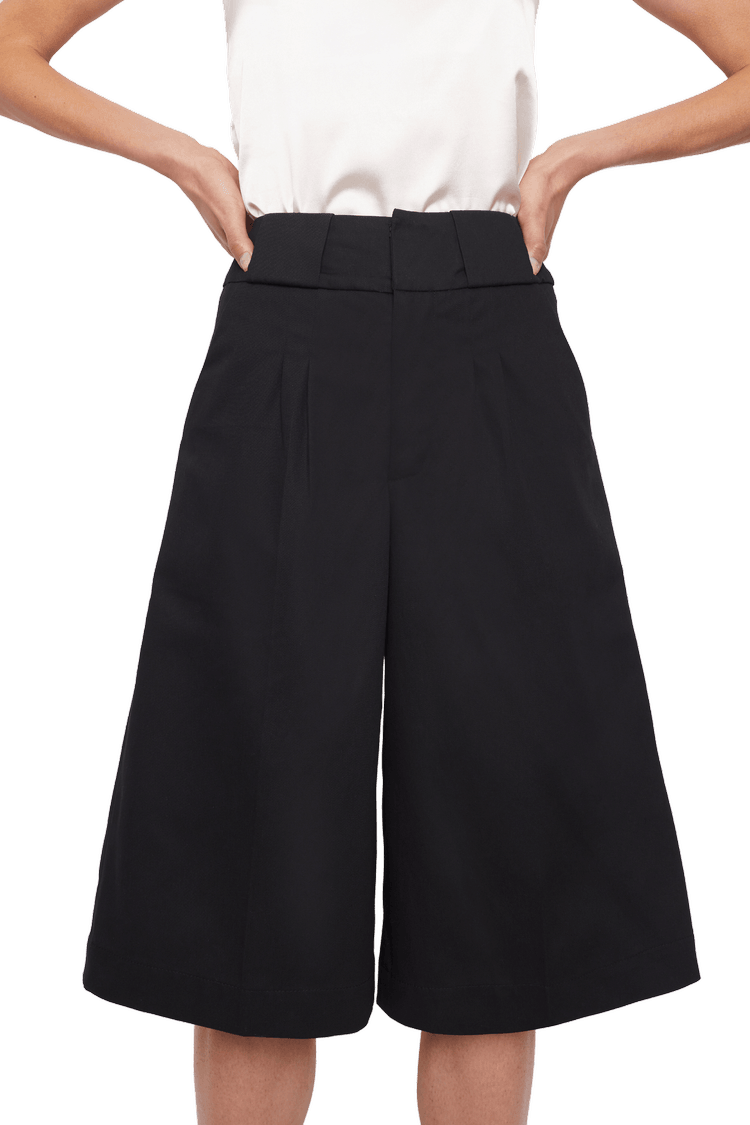 Knee Length Palazzo Trousers in Stratton Black Solid Organic Cotton Twill - STEF MOUCHIE