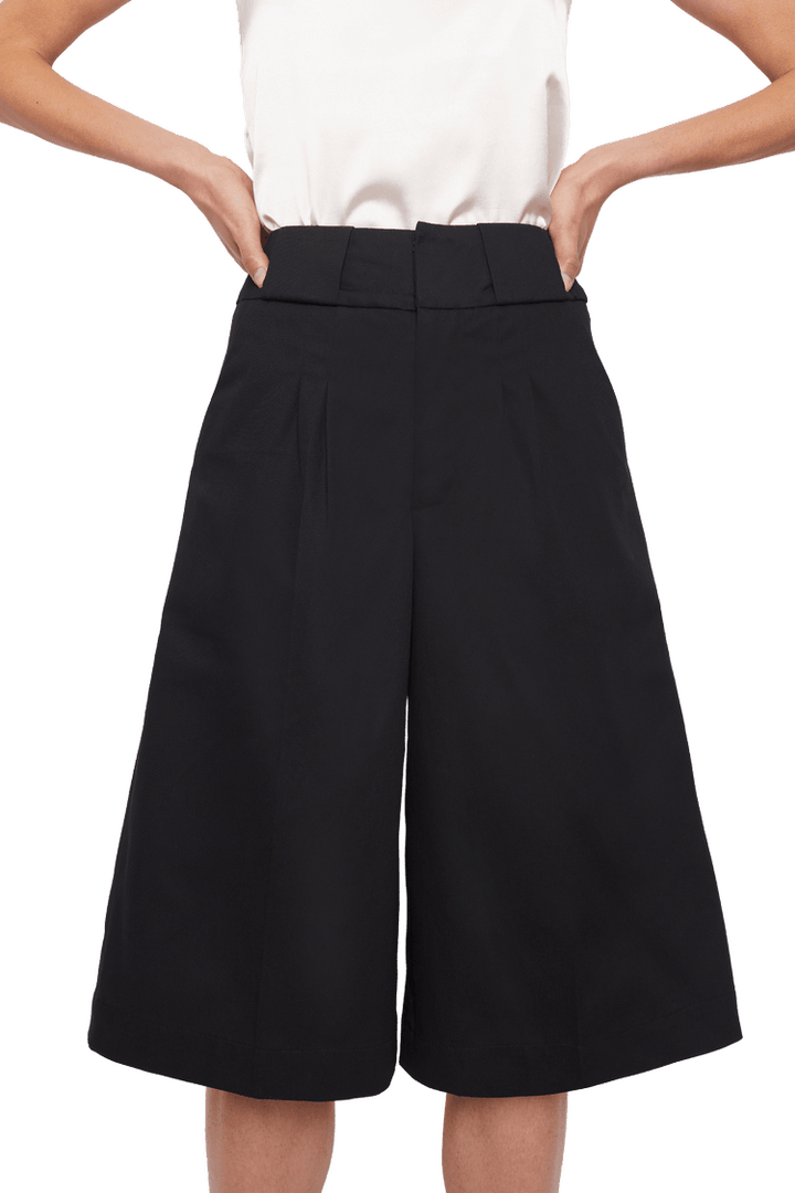 Knee Length Palazzo Trousers in Stratton Black Solid Organic Cotton Twill - STEF MOUCHIE