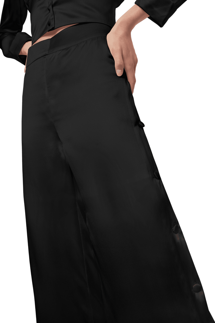 Palazzo Trousers with Side Slits in Matte Black Silk Charmeuse - STEF MOUCHIE