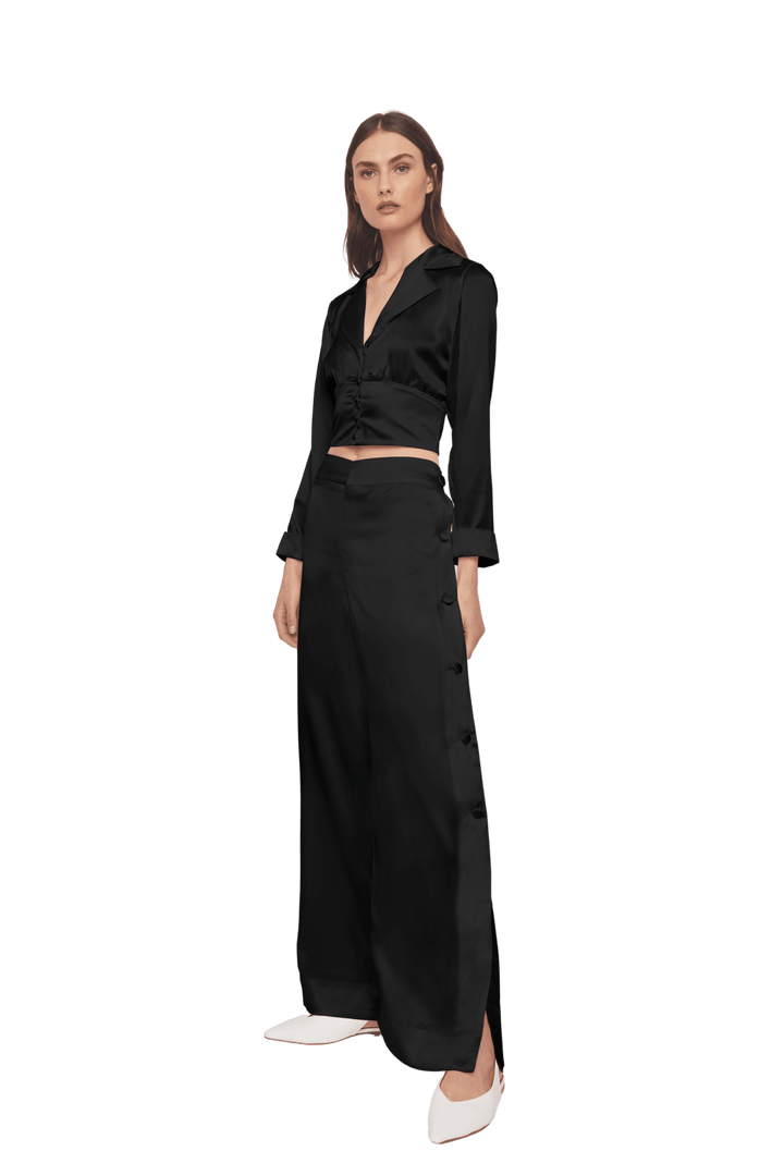 Palazzo Trousers with Side Slits in Matte Black Silk Charmeuse - STEF MOUCHIE