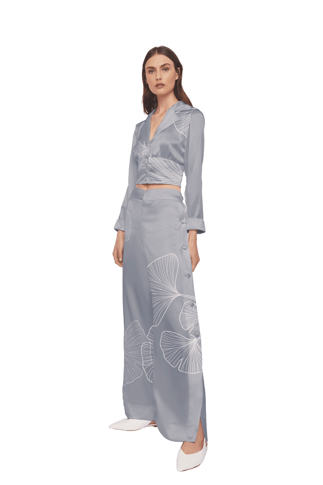 Palazzo Trousers with Side Slits in Light Blue Silk Charmeuse with Gingko Leaf - STEF MOUCHIE