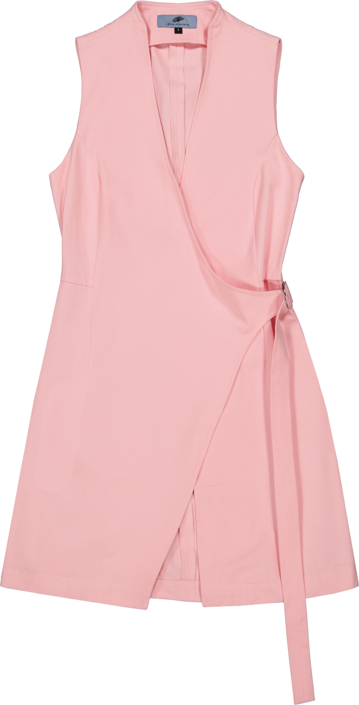 Crossed Front Asymmetric Closure Sheath Dress in Stratton Pink Solid Organic Cotton Twill - STEF MOUCHIE