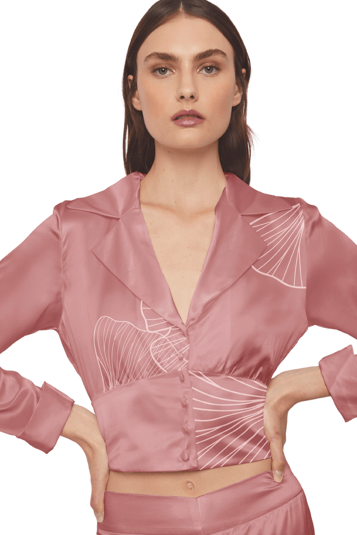 Cropped Blazer Shirt in Pink Silk Charmeuse with Ginkgo Leaf Print - STEF MOUCHIE