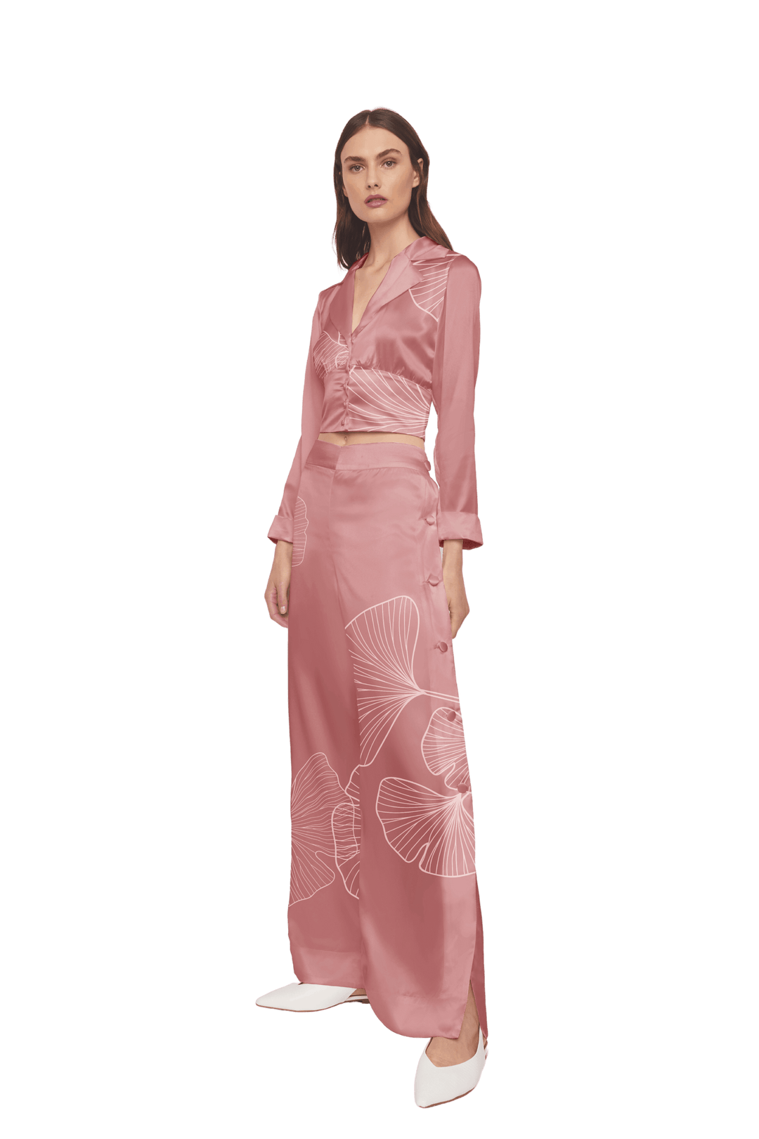 Palazzo Trousers with Side Slits in Pink Silk Charmeuse with Ginkgo Leaf - STEF MOUCHIE